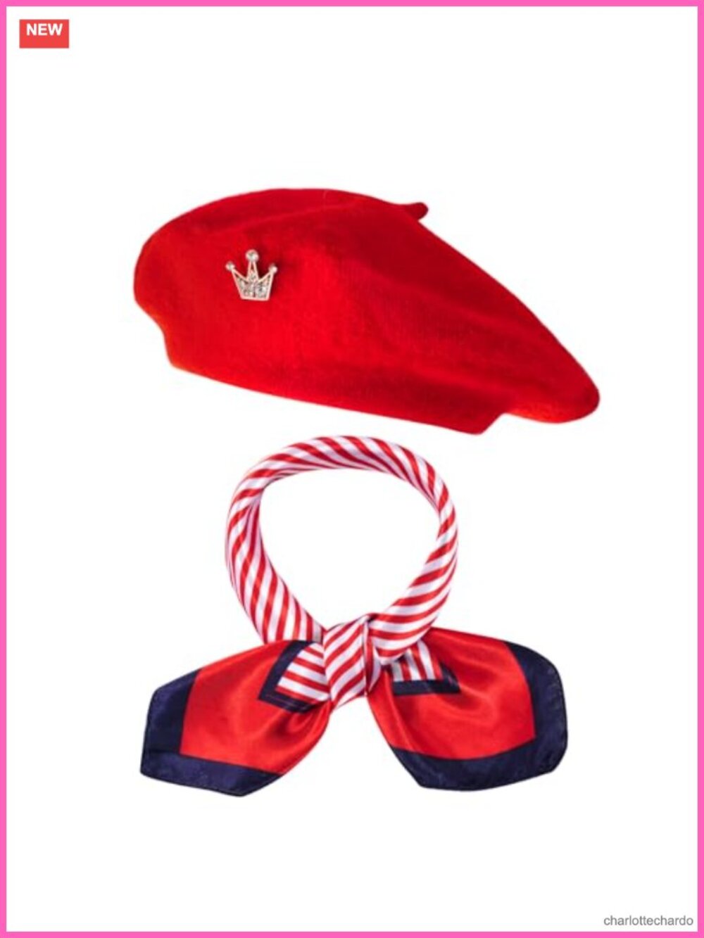 3-Piece French Beret Hat Set W/Scarf & Crown Pin Costume Accessory